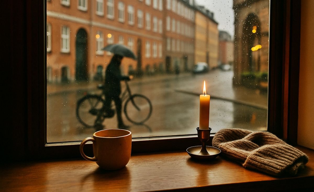 A cafe window with warmth and candles