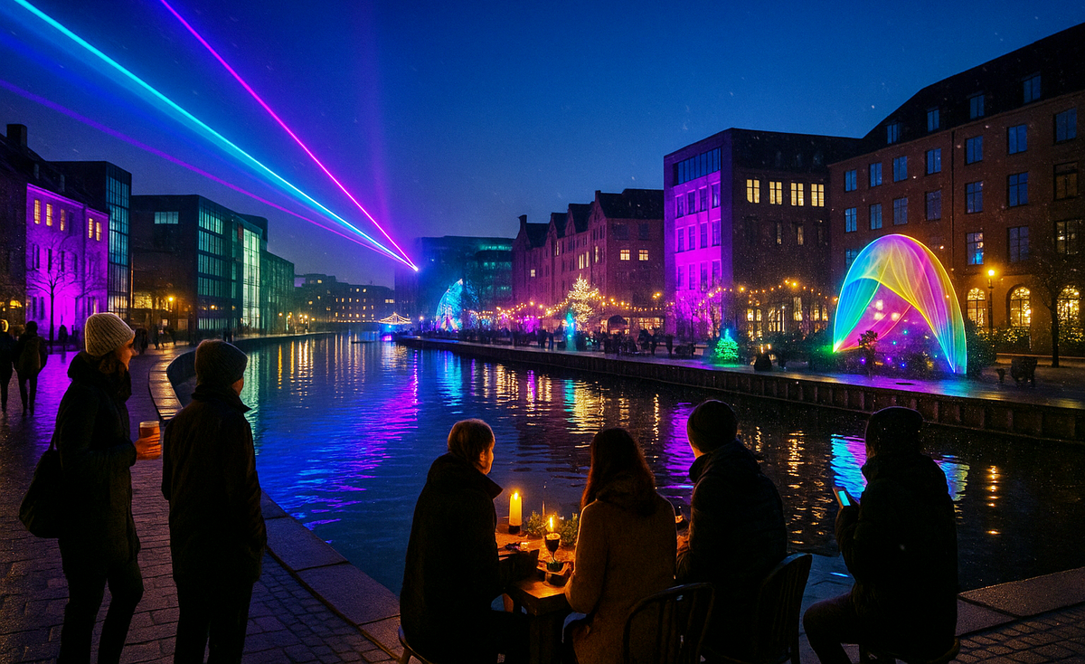 Evening embankment with art installations
