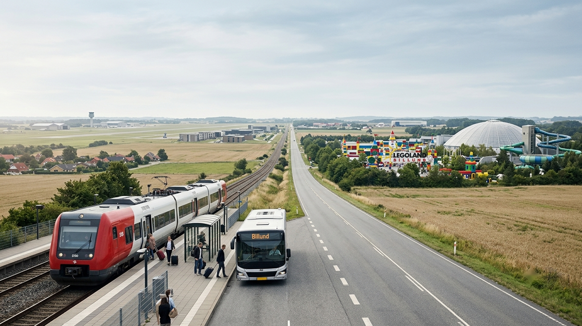 A modern Danish train is arriving at a regional station, where passengers transfer to a bus continuing through rural Jutland