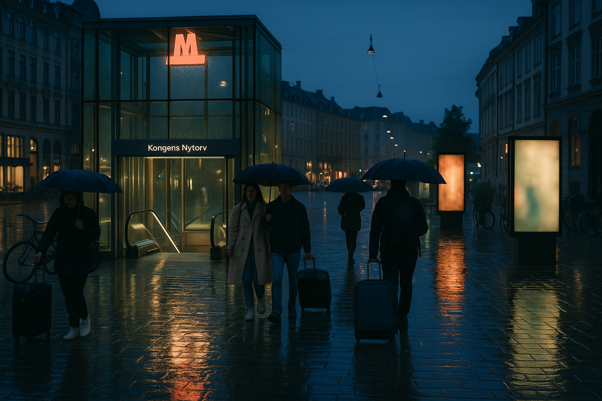 KongensNytorv Metro Entrance Rain BlueHour