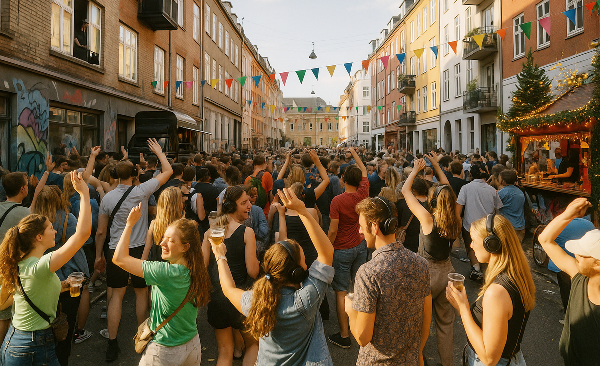 A crowd on a narrow street with music and dancing