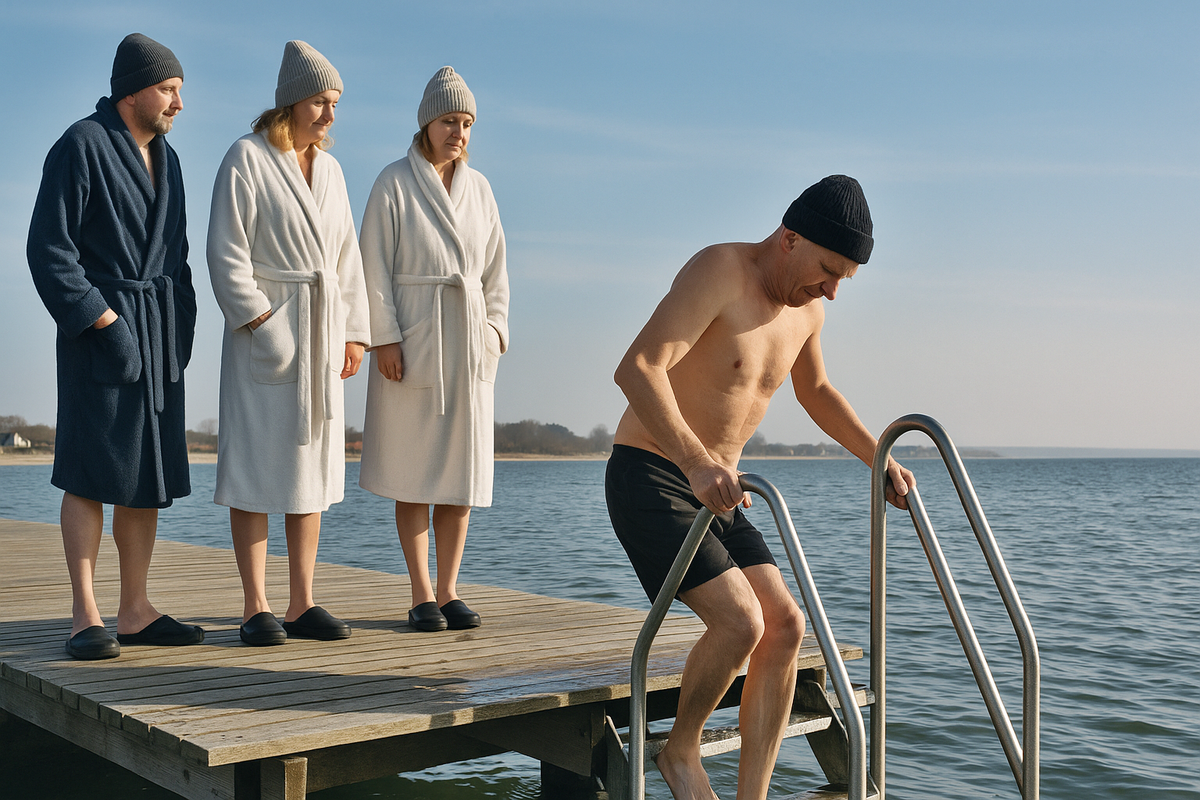 A group of people on a winter wooden pier