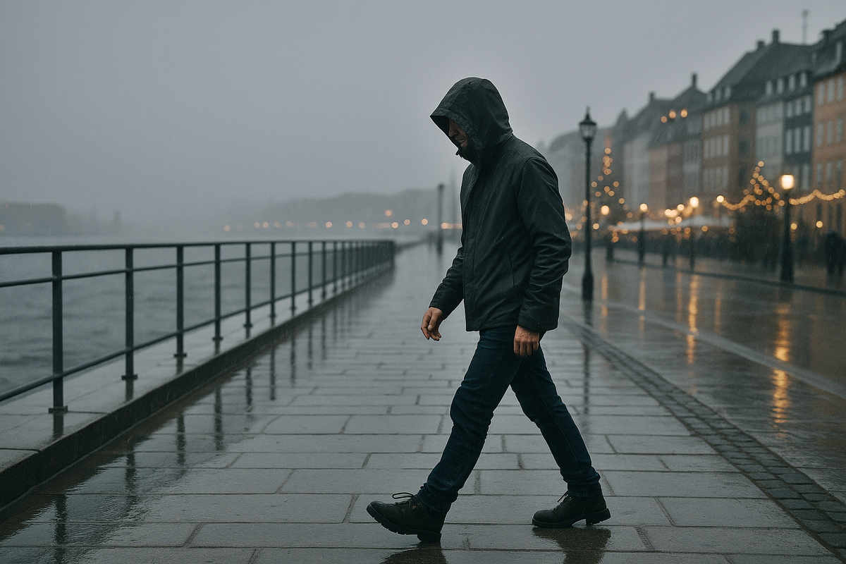 A man walks along a wet embankment