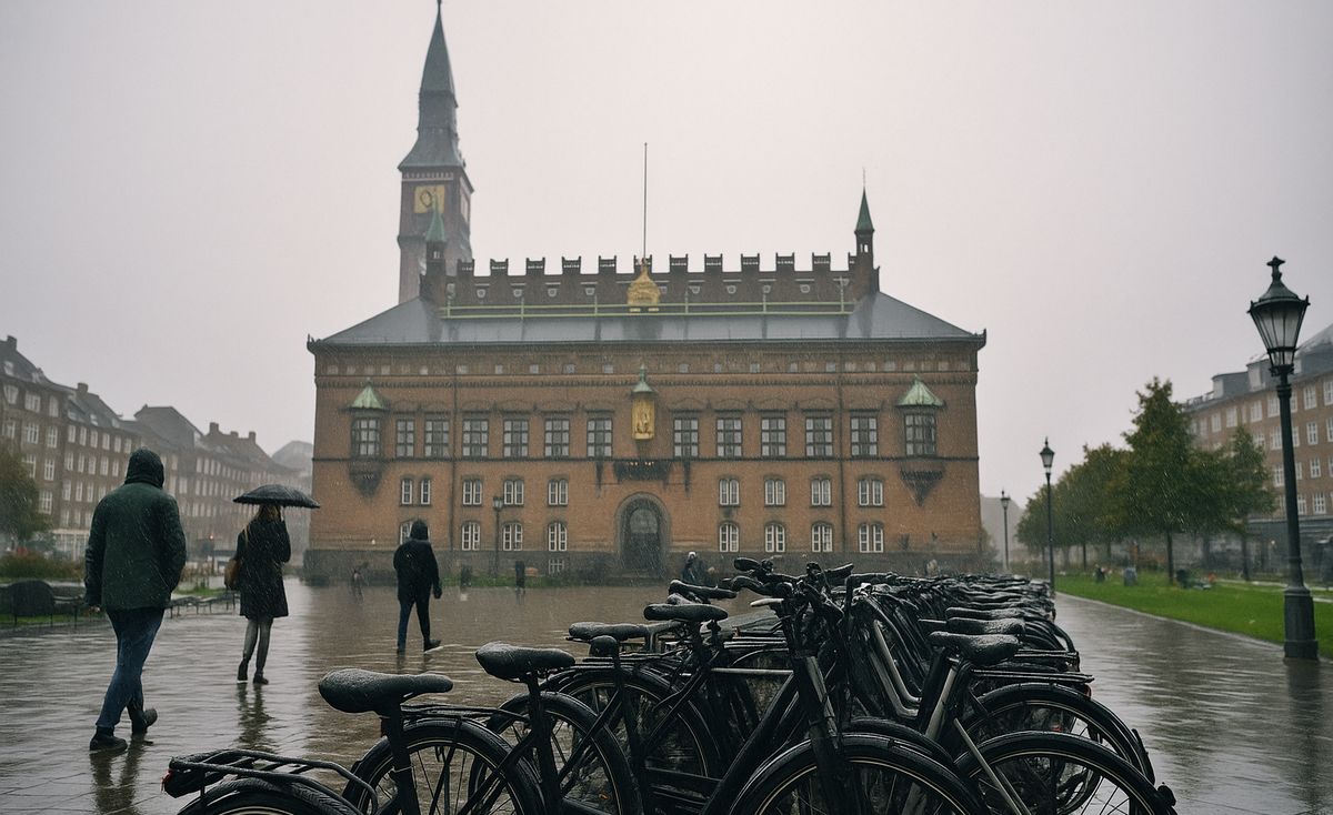 Bicycles in the rain near the town hall