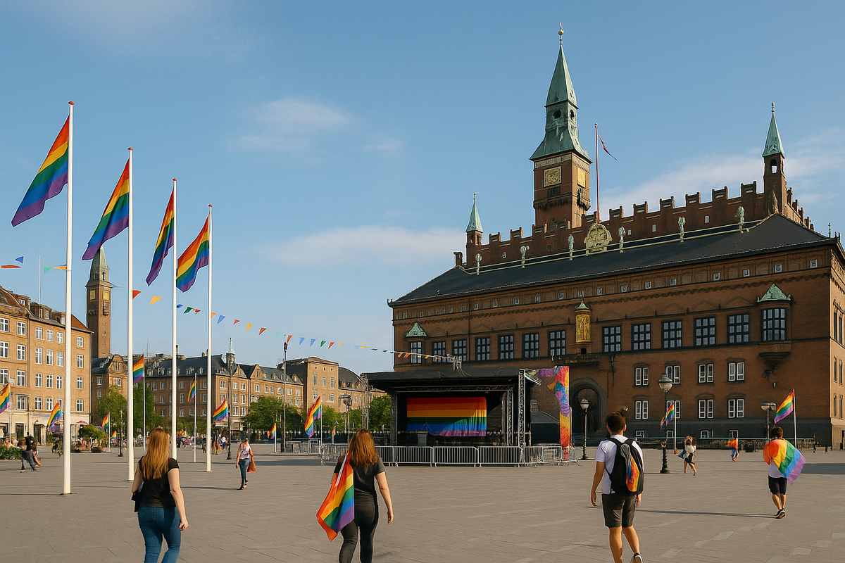 Copenhagen's City Hall Square with rainbow flags