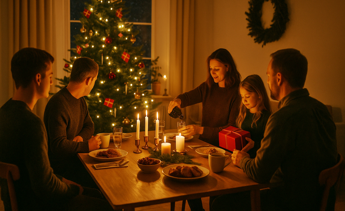 Evening family scene at the Christmas tree