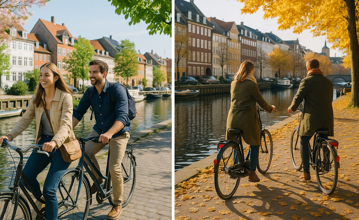 Tourists on bicycles - in spring and autumn