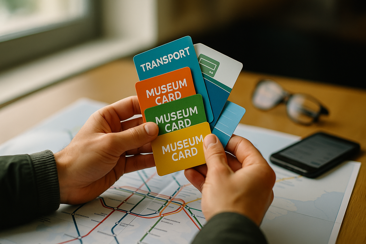 Traveler’s hands with city cards