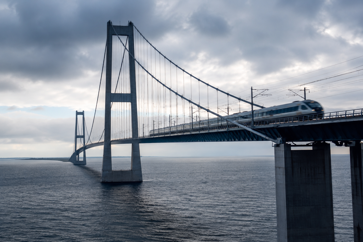 Passenger train crossing the Great Belt Bridge in Denmark