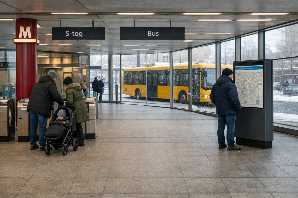 A lively multi-modal moment at Nørreport: metro entrance, S-train directions and a city bus outside the glass. A family taps a phone ticket while commuters navigate between modes, illustrating how one ticket works across transport types in Copenhagen.