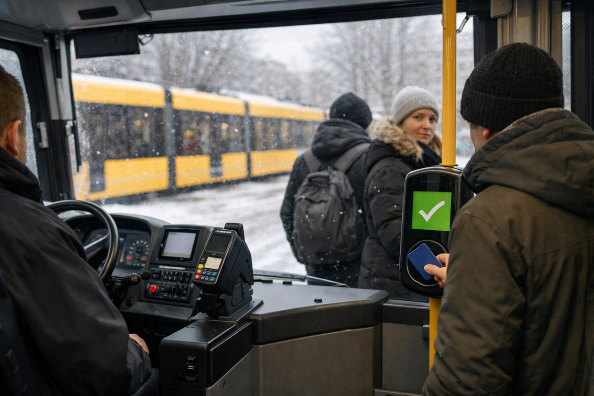 A real winter boarding moment in Aarhus: a passenger taps in before boarding, with Letbanen visible outside—one ticket system in action.