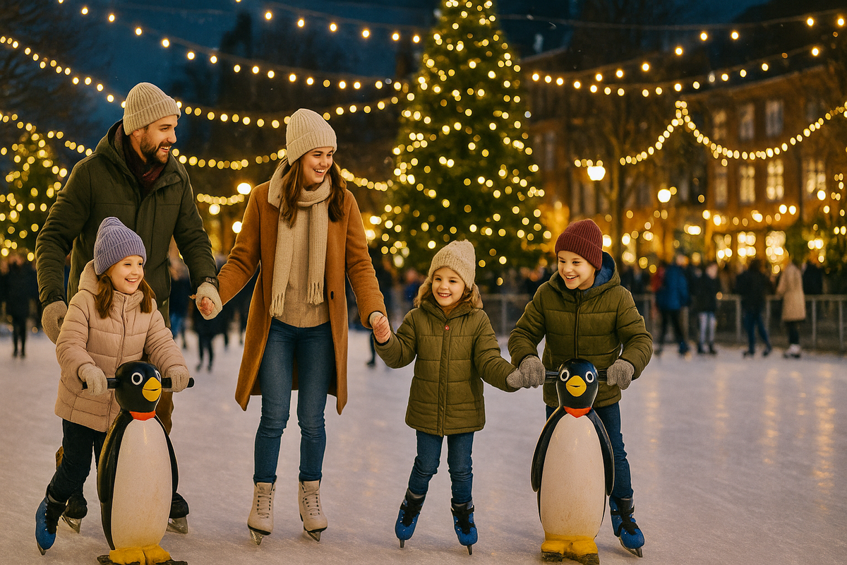 A family skating at a winter skating rink