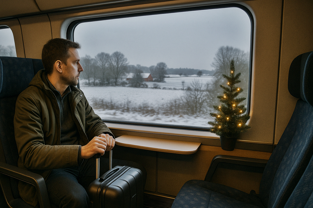A man on a train looks out the window