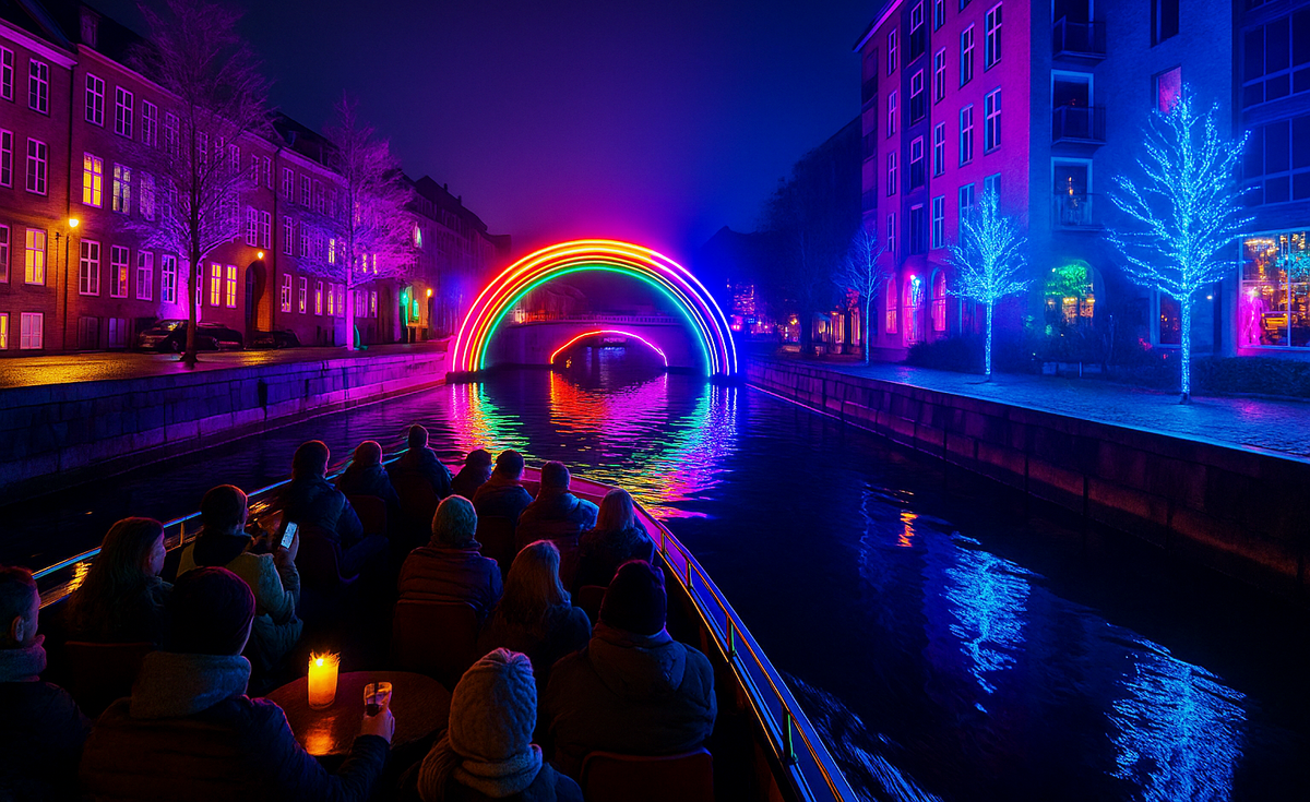 Canal walk with festival lights