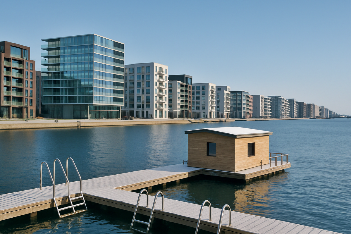 Residential area near the embankment with a swimming platform