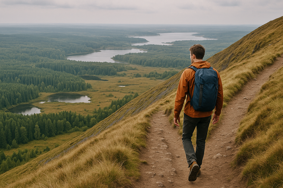Tourist on windy ridge