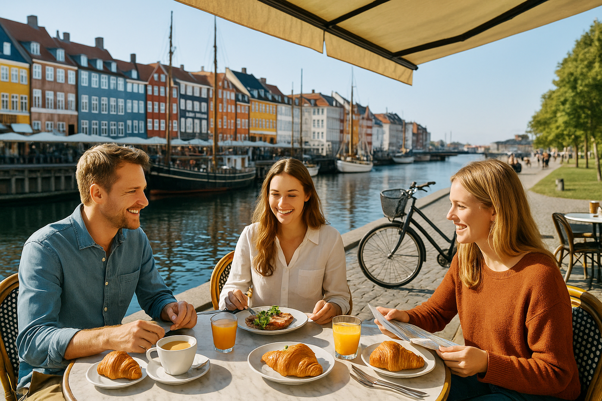 Tourists having breakfast by the canal in Copenhagen