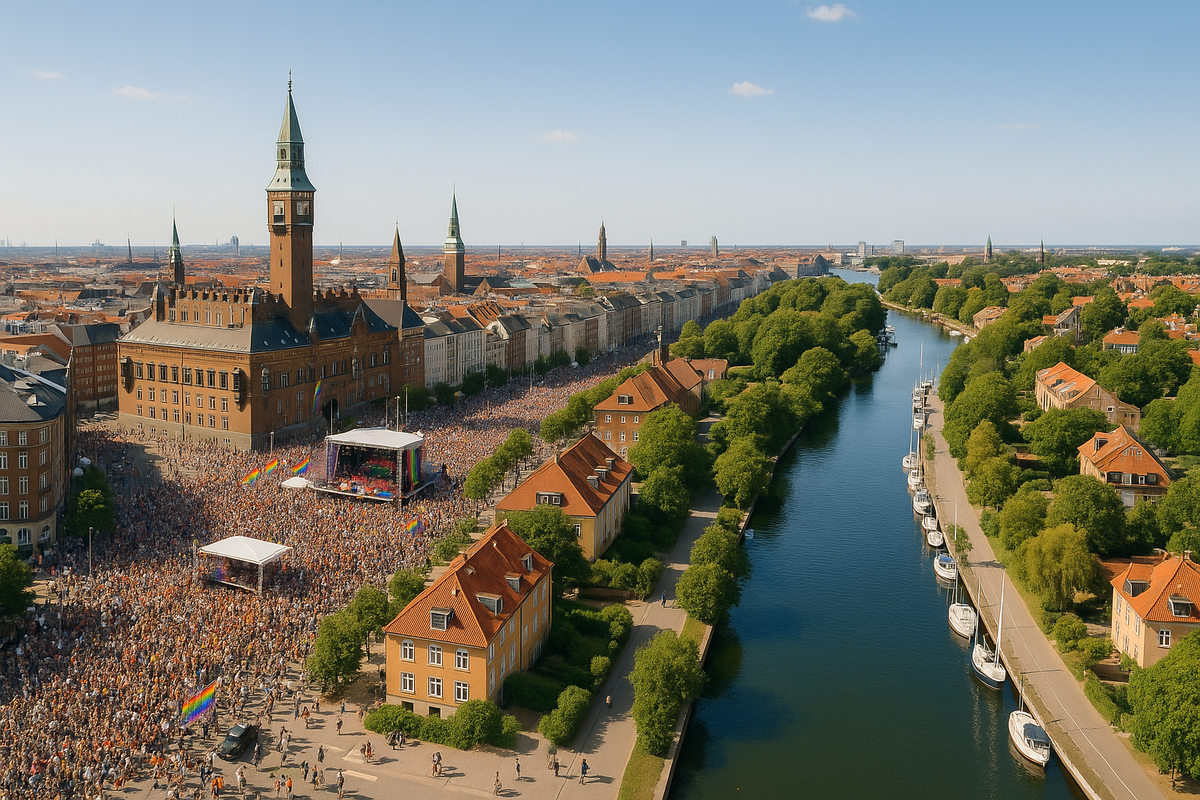 View of Copenhagen with a canal and Pride festival