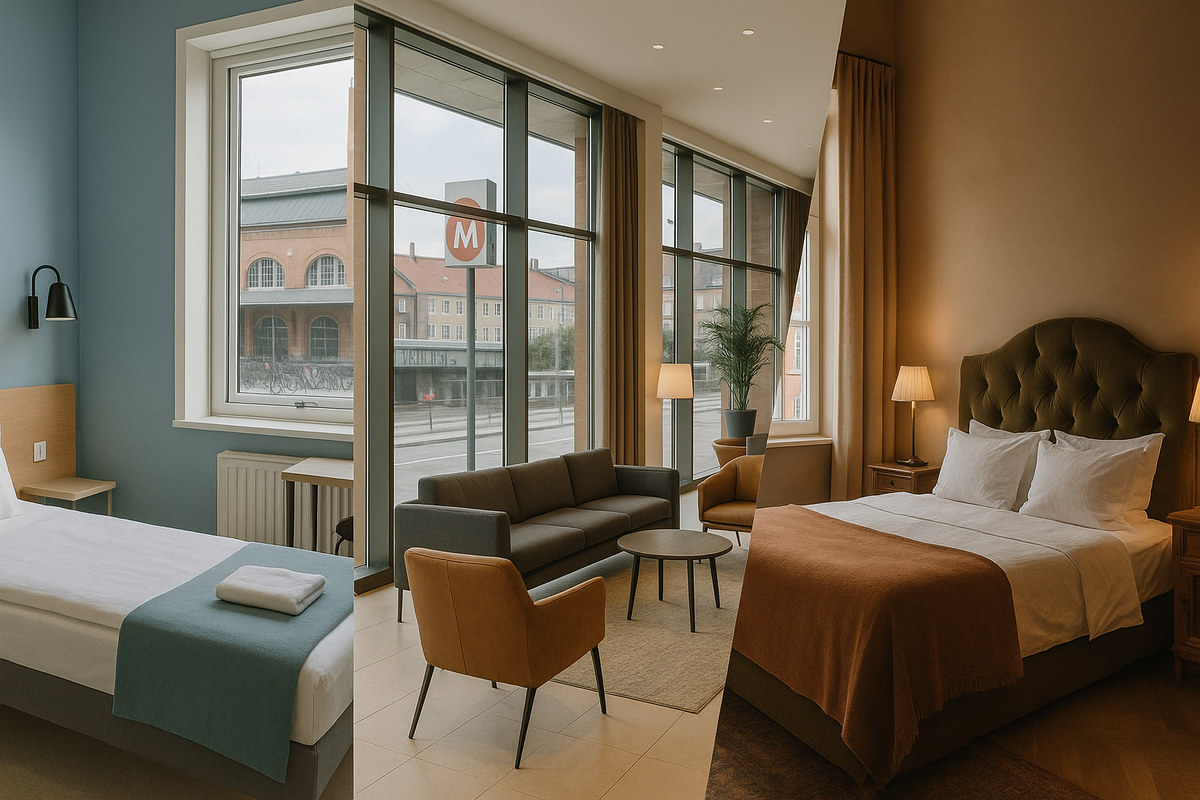 Editorial collage of three Copenhagen hotels near metro