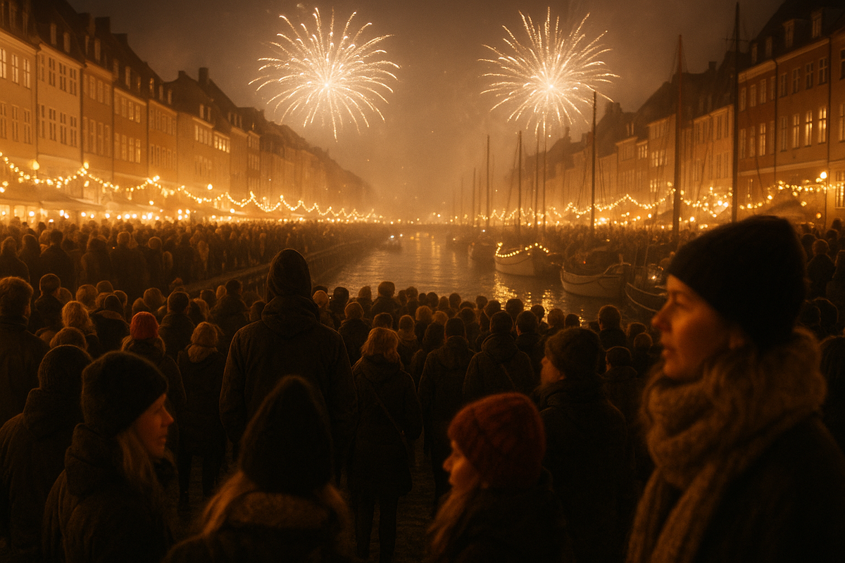 New Year&#x27;s Eve in Copenhagen - the waterfront, fireworks and crowds by the water.