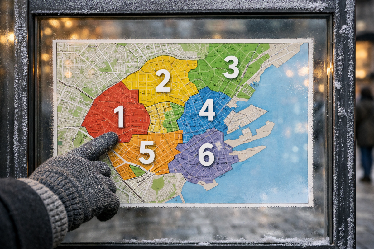 Close-up of a printed fare-zone map behind glass in winter, with a gloved hand pointing at the central zones—clean, readable and realistic.