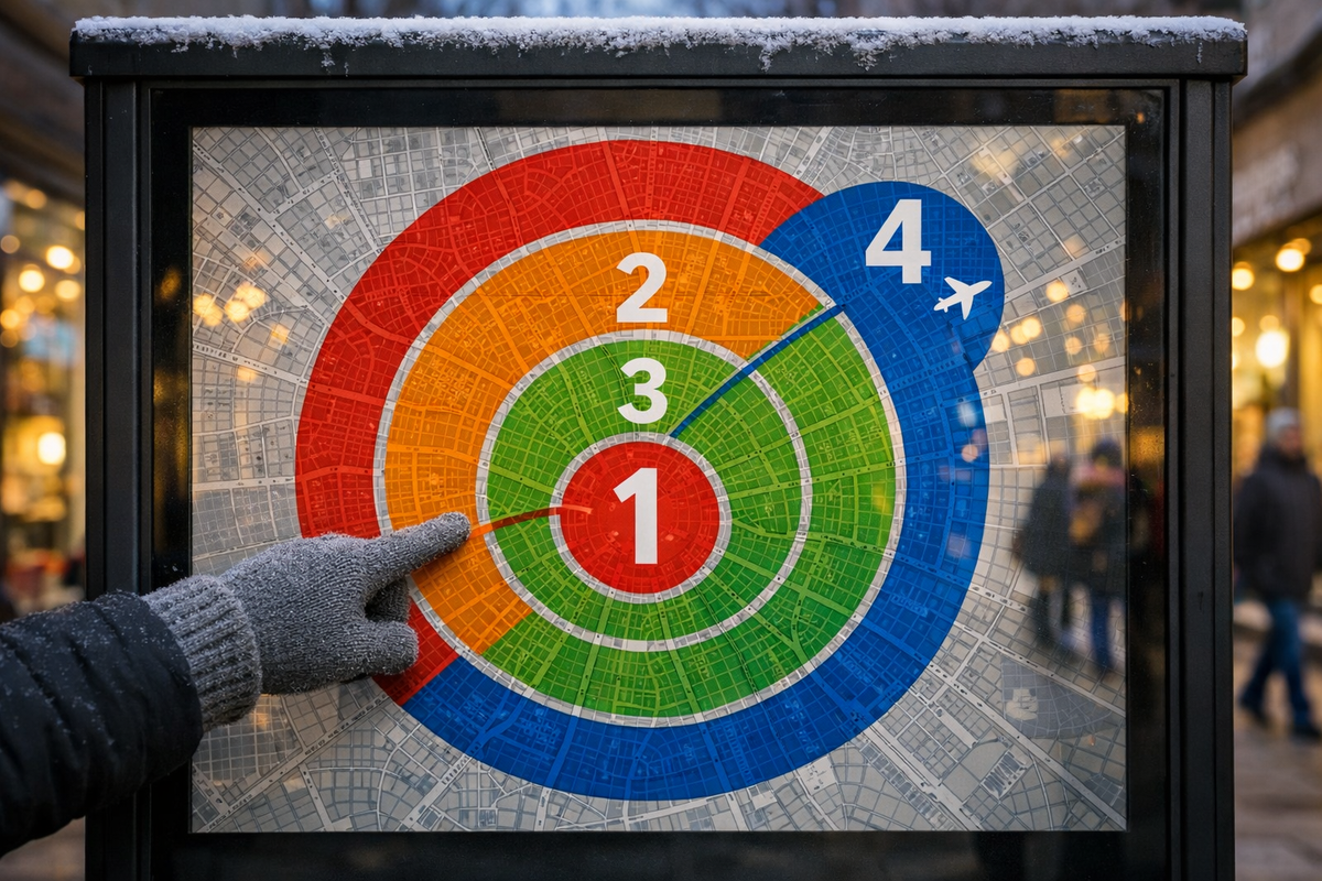 Close-up of a station kiosk showing the Copenhagen zone ring map under glass, dusted with snow. A gloved hand points from the inner zones toward the outer airport zone, making the zone concept easy to understand at a glance.