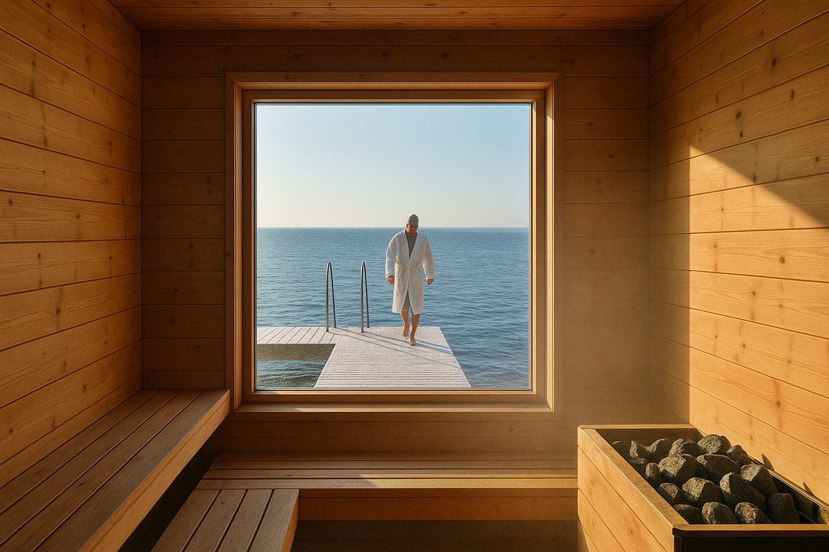 Inside a wooden sauna with a large window