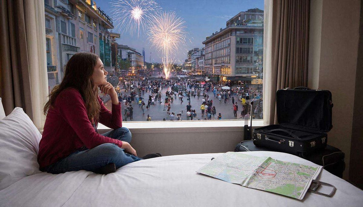 New Year's Eve at a hotel with a view of the fireworks and the city square
