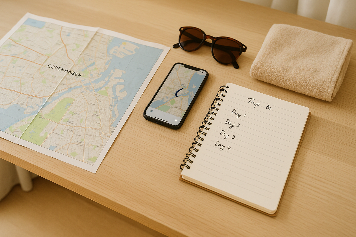 Planning a trip to Copenhagen using a map and notes