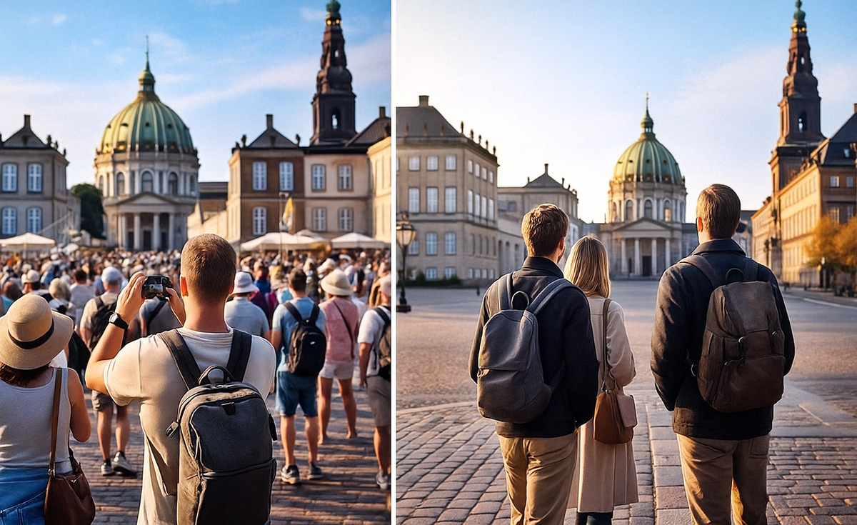 Tourists in front of a landmark