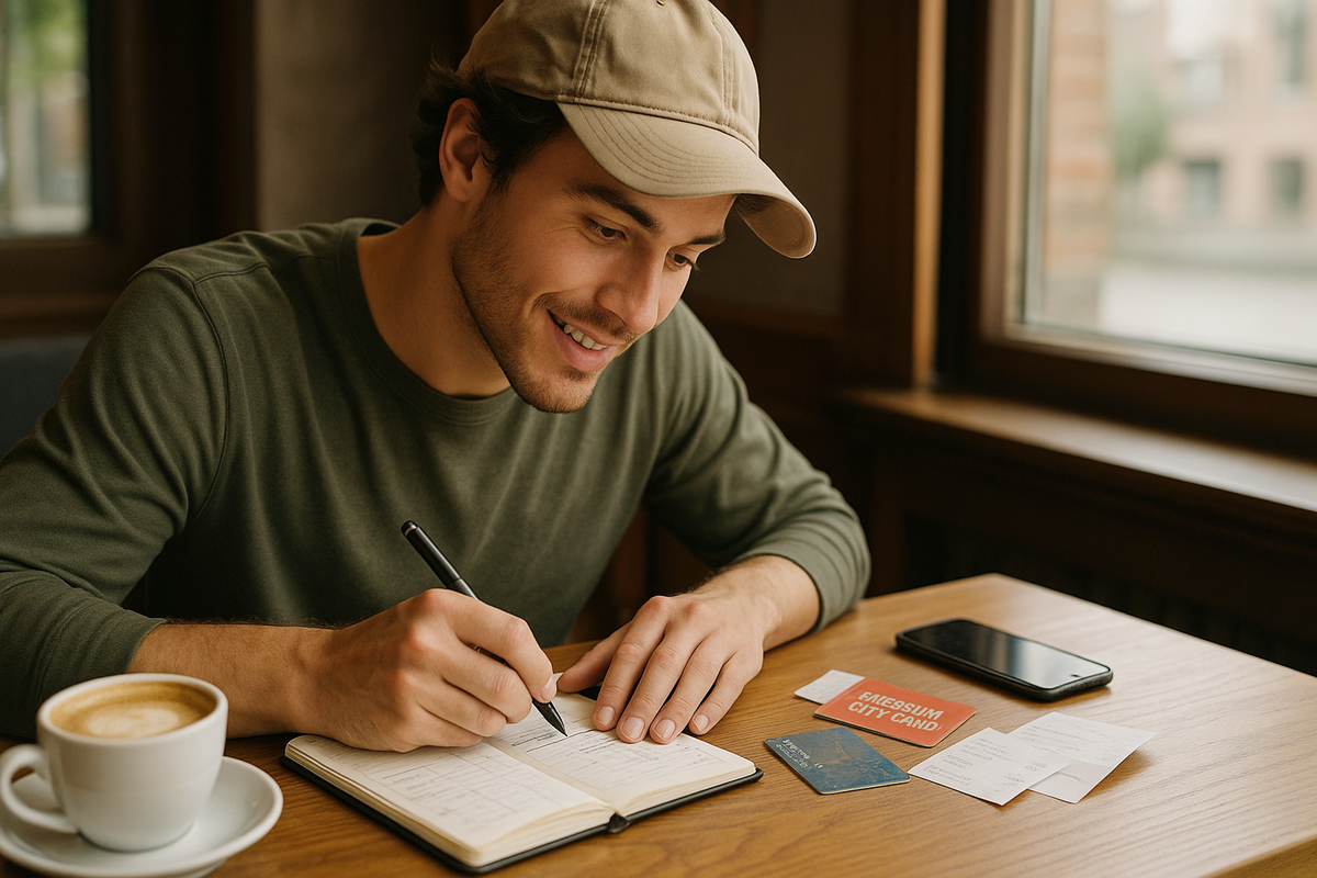 Young traveler at cafe table