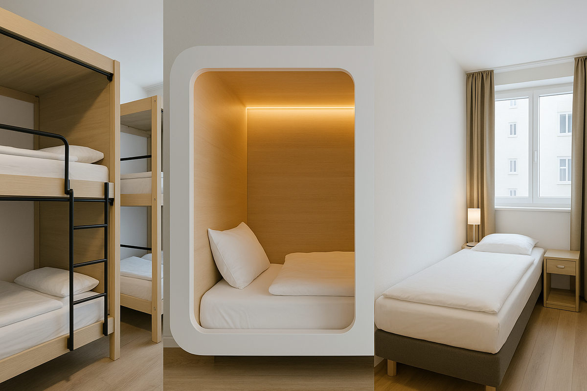 Hostel, capsule, hotel room