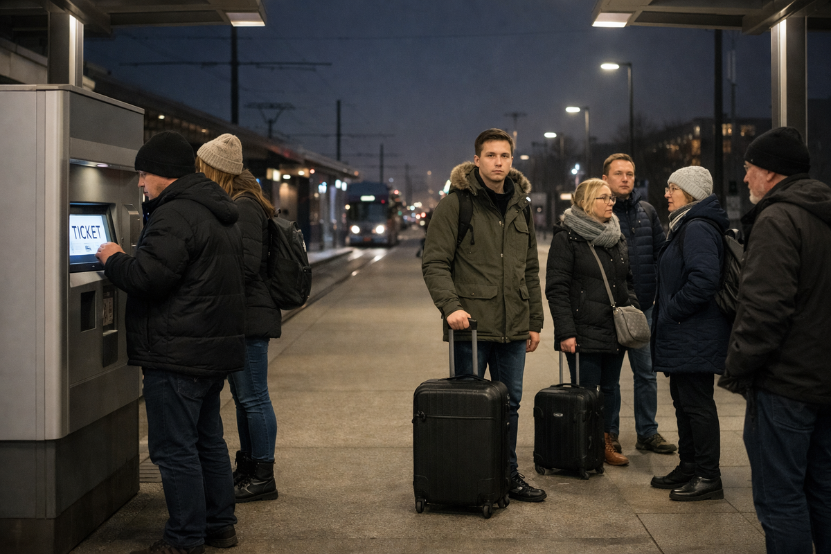 Letbanen platform in winter with a ticket machine showing a clear fare example—real passengers and a practical, everyday vibe.