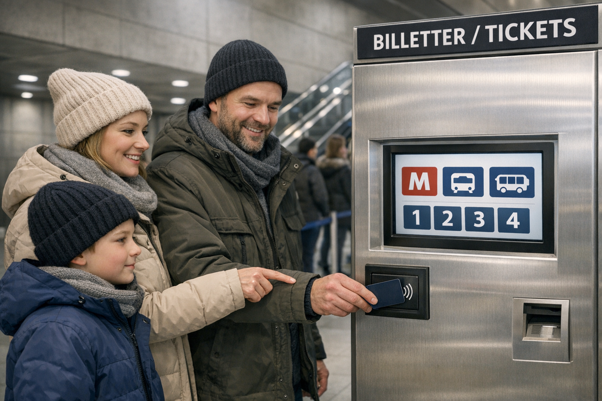 A modern ticket machine scene with a smartphone showing a simplified single-ticket price for multiple zones, plus a clear note about the January 2026 price update. A polite winter queue reinforces the real-world “buying a ticket” moment.