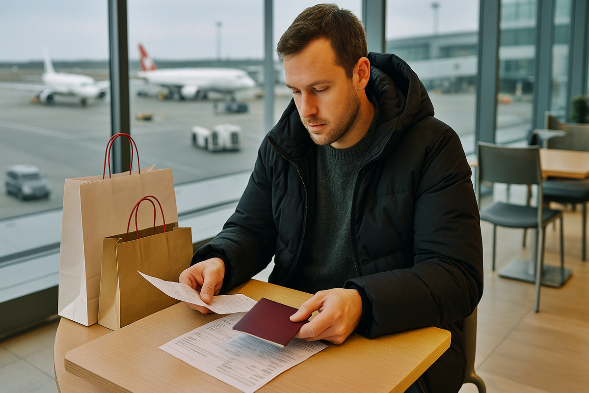 A traveler at a table at the airport
