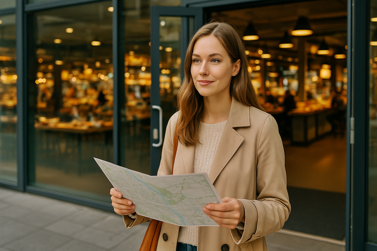 City market entrance with traveler