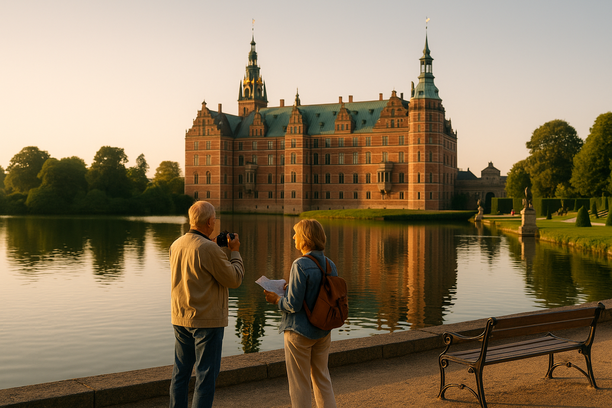 Tourists at the lake opposite Frederiksborg Castle