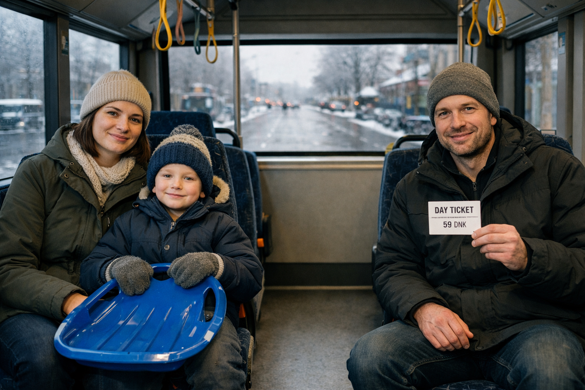 A warm, real family moment on an Aarhus city bus in winter—showing how a day ticket fits a busy travel day.