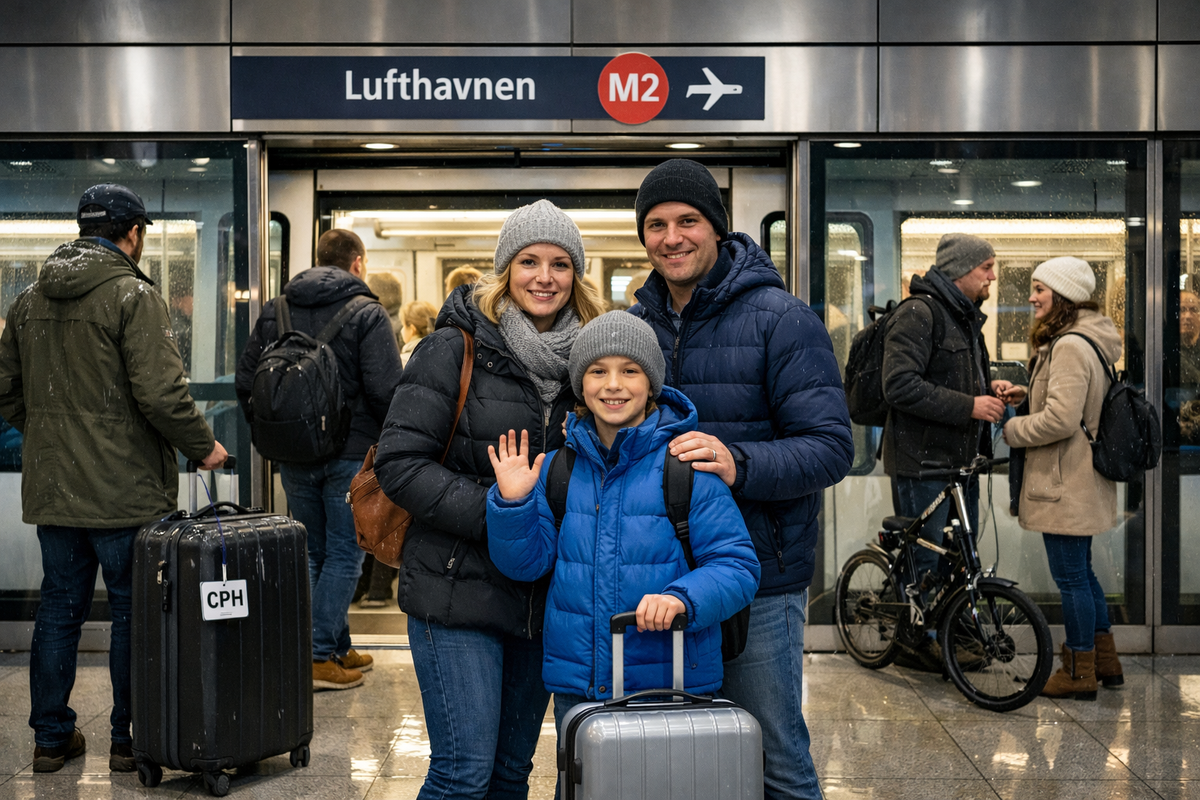 Warm interior of an S-train carriage against frosty windows. A commuter checks an off-peak discount message on a generic travel app, reflecting how digital tickets and off-peak pricing help save money in Copenhagen.