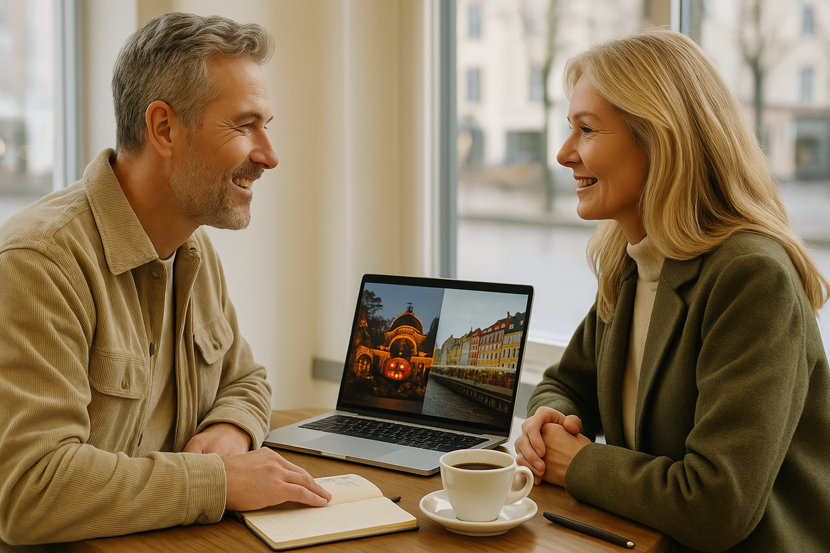 A couple discussing a trip over coffee
