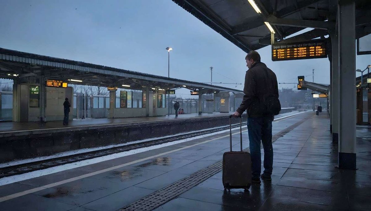 A passenger with a suitcase on a railway platform
