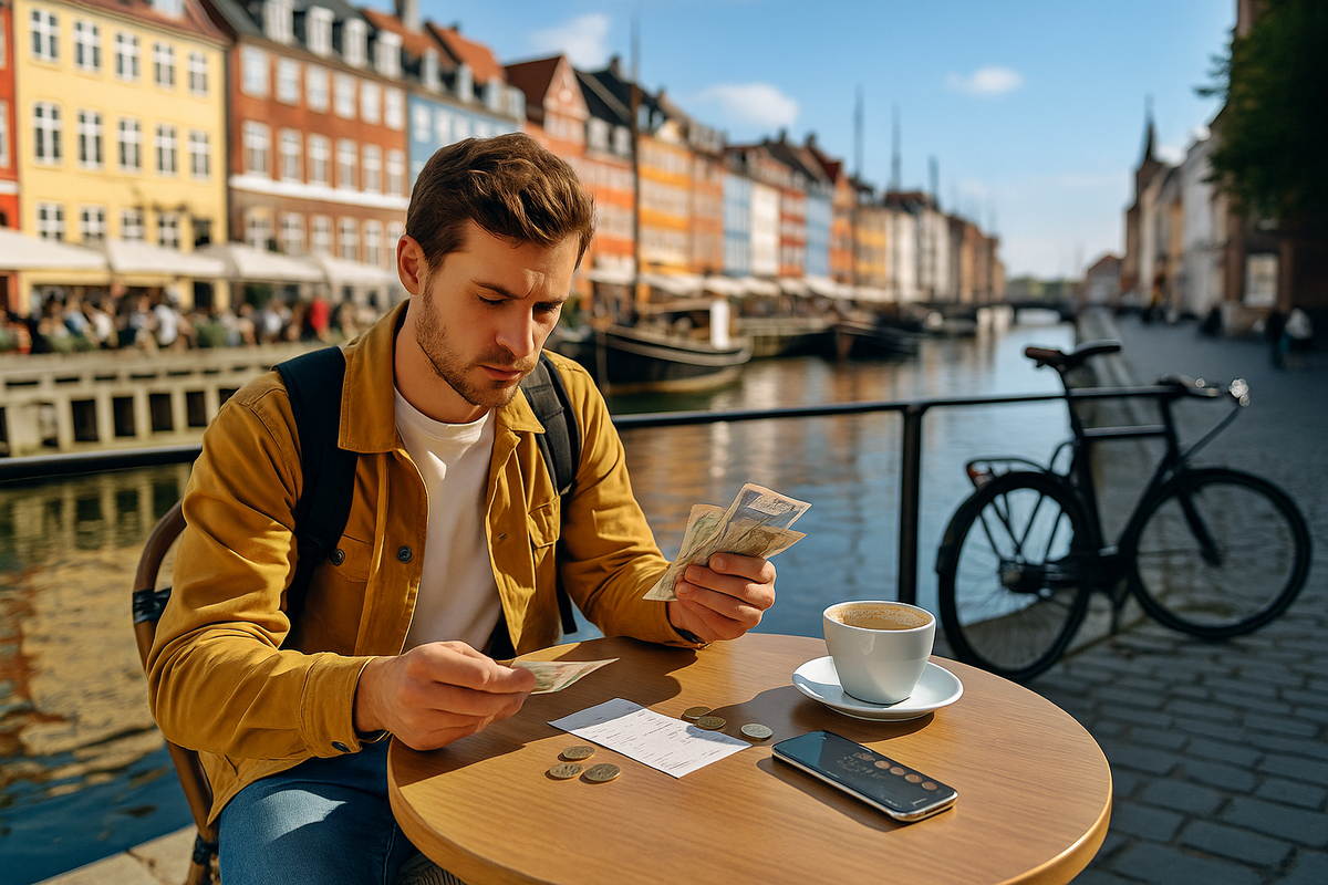 A tourist counting money in a cafe