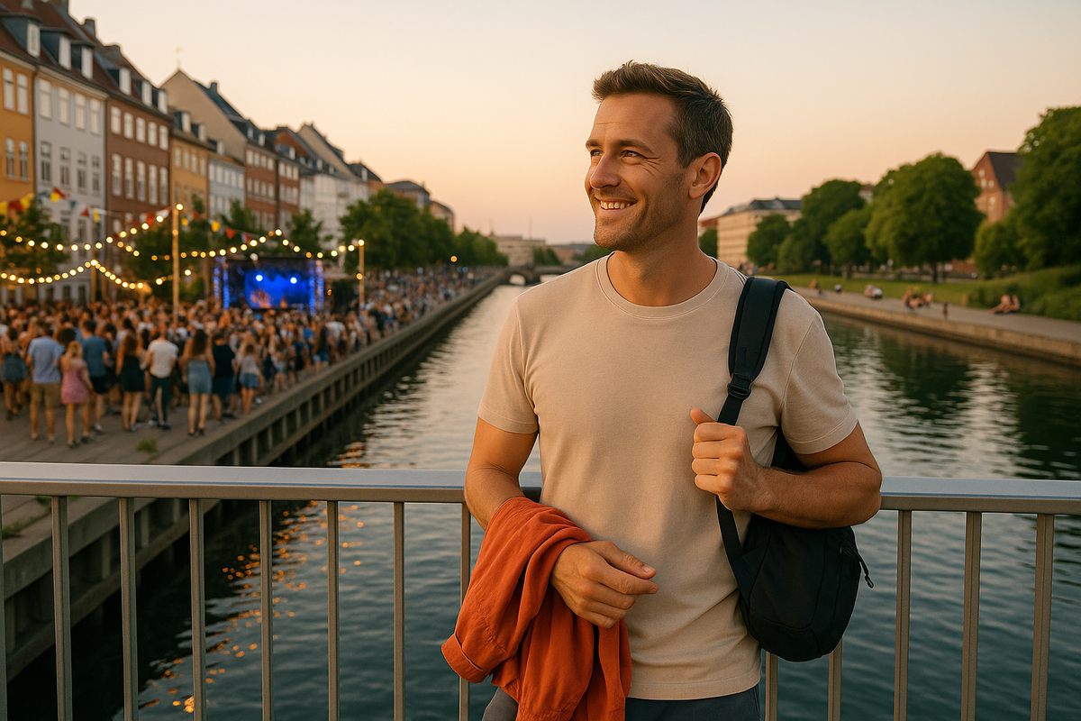 A tourist on the bridge near the summer festival