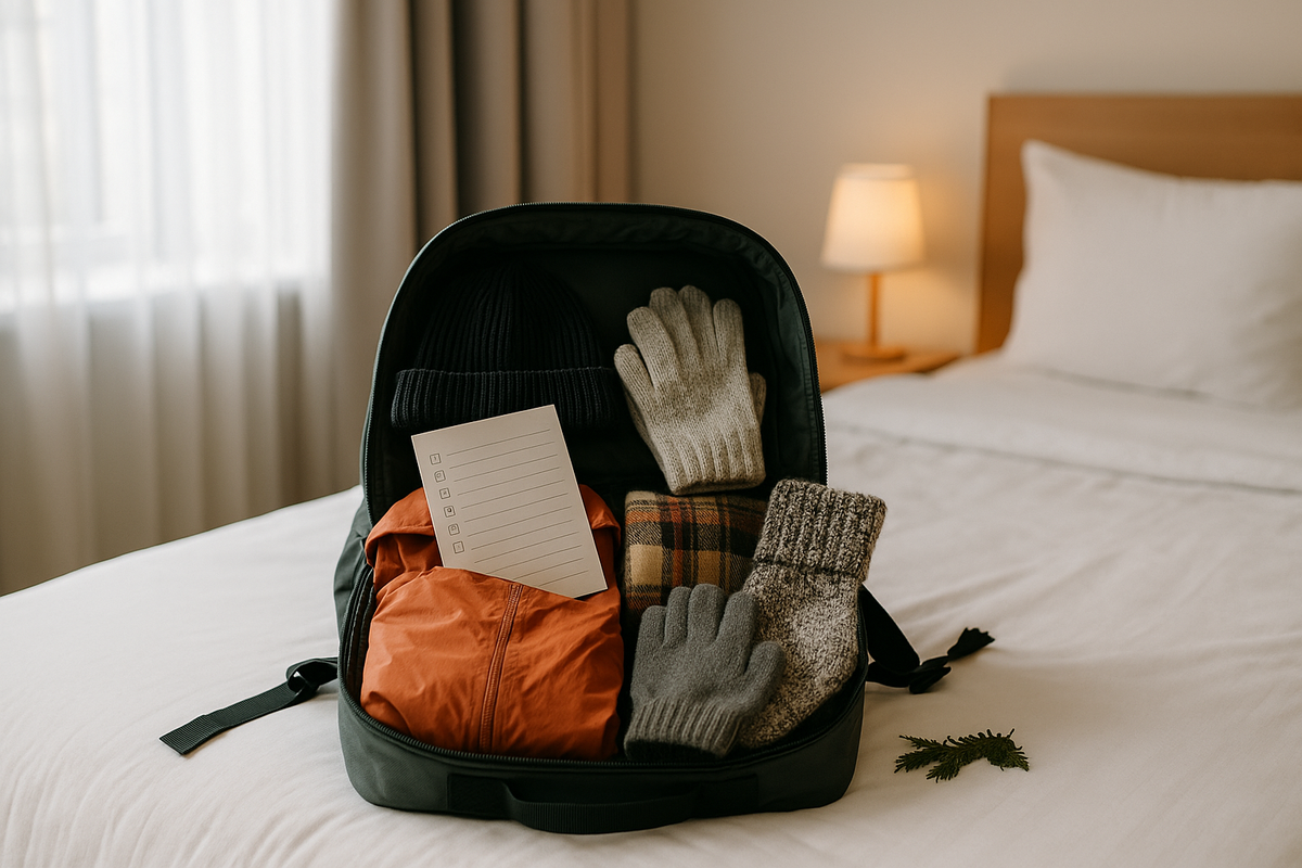 An open backpack on a hotel bed