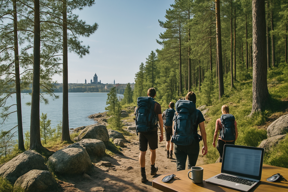 Cinematic forest trail with hikers