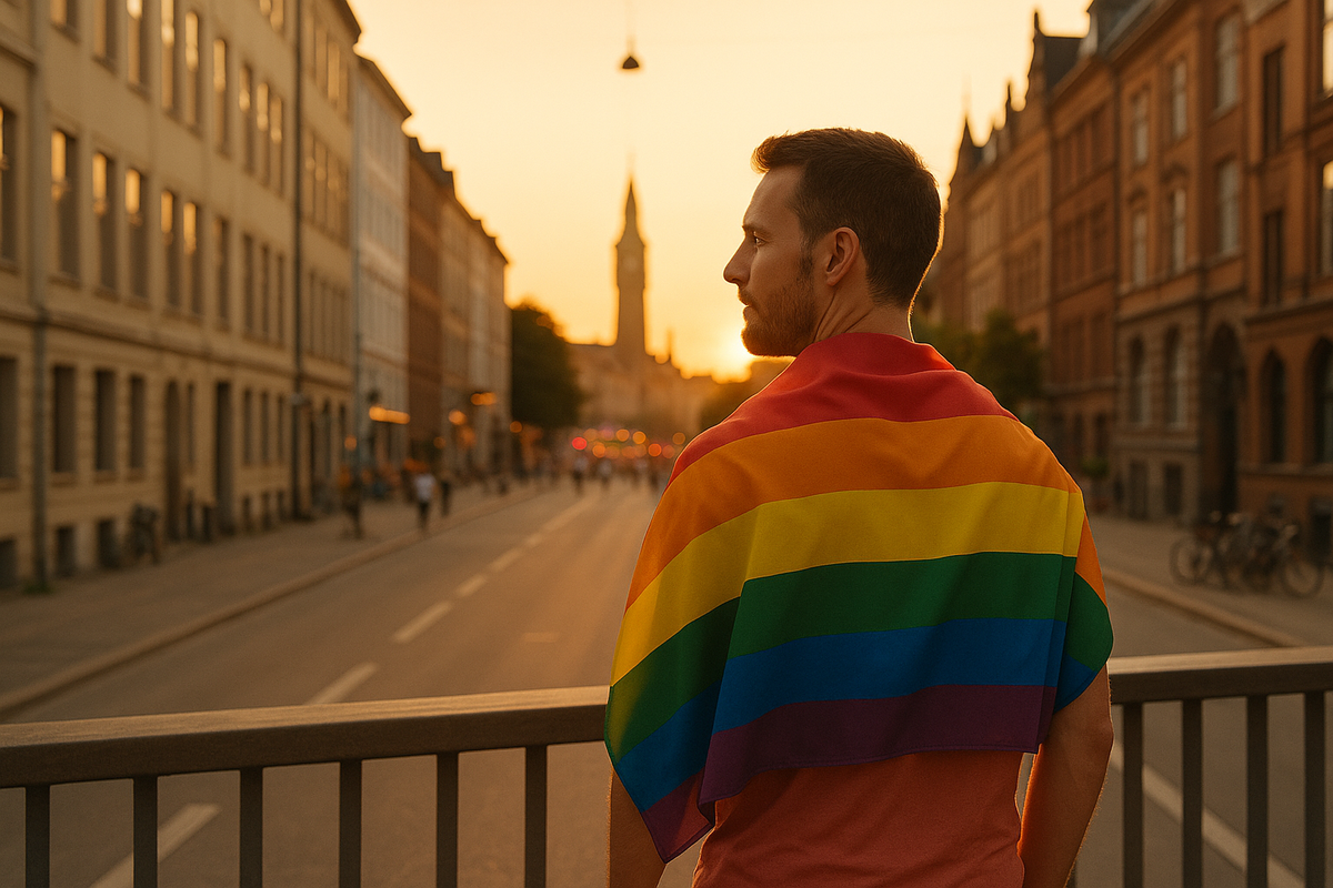 Copenhagen at sunset and the rainbow flag