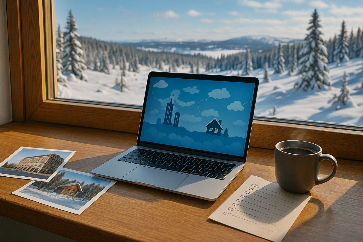 Cozy winter workspace scene