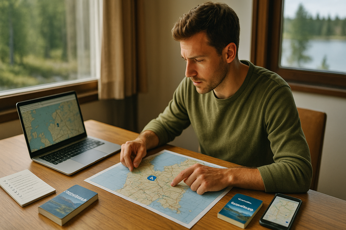 Traveler planning trip interior