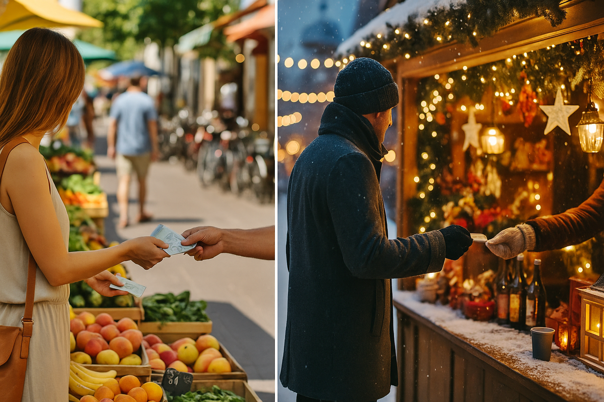 Two tourists pay at different times of the year