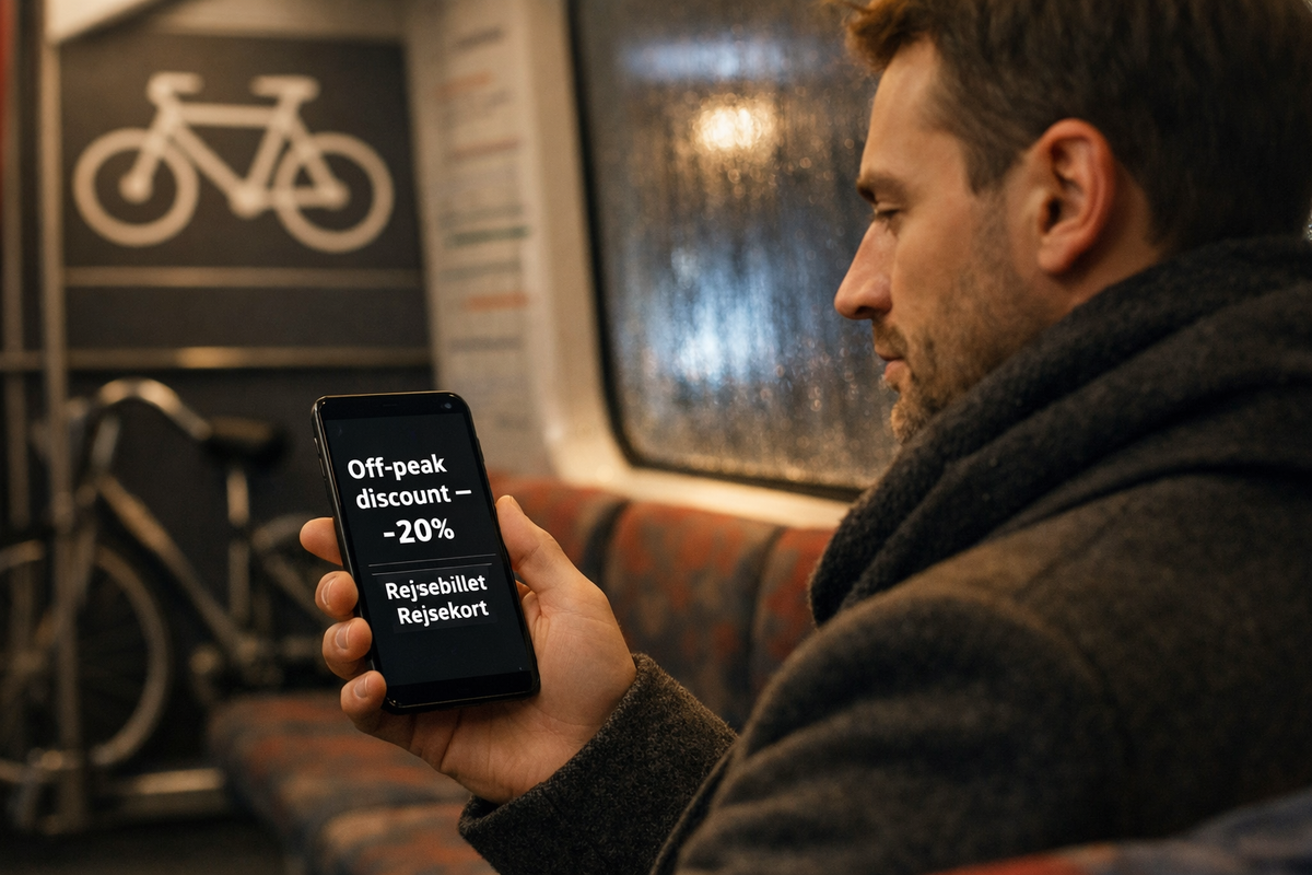 Warm interior of an S-train carriage against frosty windows. A commuter checks an off-peak discount message on a generic travel app, reflecting how digital tickets and off-peak pricing help save money in Copenhagen.